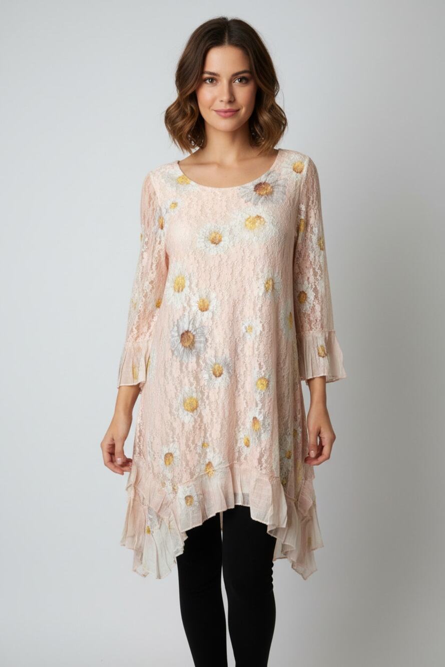 Origami Beige Sunflower Long Sleeve All Lace Hi-Lo Dress Small